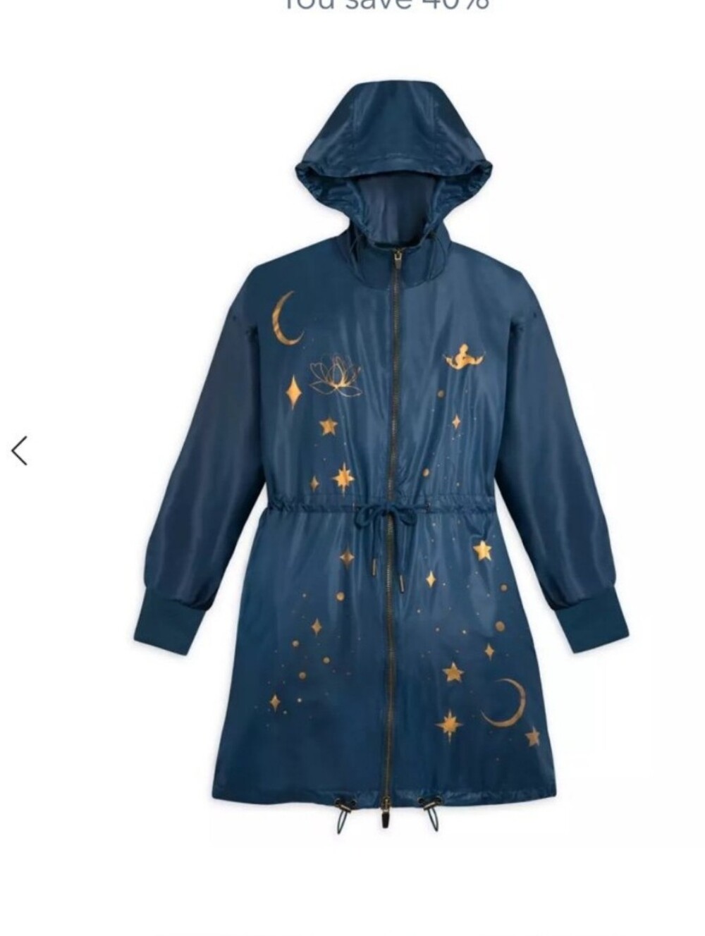 Disney Princess Jasmine Rain Jacket Navy with Gold Star Moon Print Size S